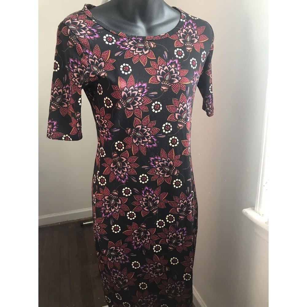 Lularoe JULIA Dress Black Floral Red Cream/Pink/Purple Size XS